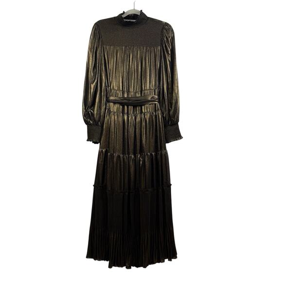 Alex Marie Gold Metallic High Neck Maxi Dress Size 10 Smocked Tiered Castlecore - Picture 16 of 16